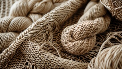 Fototapete - Close-up view of beige jute knitted fabric with twisted jute yarn showcasing fine textures and natural fibers on a soft neutral background