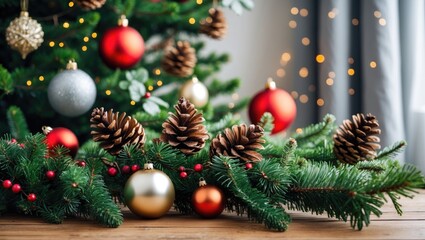 Aufkleber - Classic Christmas decorations featuring red, gold, and silver ornaments on a lush pine tree with pine cones and a festive background lights.