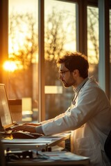 Wall Mural - man in lab coat typing away on computer