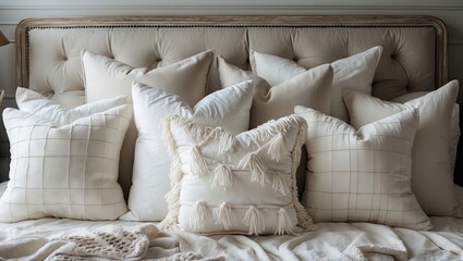 Poster - Elegant arrangement of white decorative pillows on a beige tufted headboard with soft textures and neutral colors creating a serene bedroom ambiance