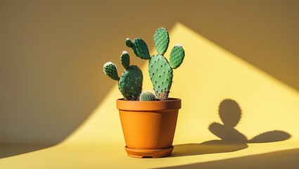 Aufkleber - Cactus plant in an orange pot positioned centrally against a vibrant yellow background casting a soft shadow for a minimalist aesthetic.