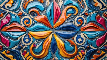 Aufkleber - Elegant floral tile pattern featuring vibrant shades of blue, orange, red, and yellow on a textured background, ideal for wall and floor designs.
