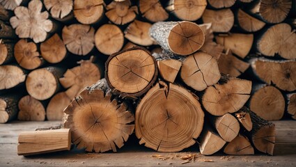 Poster - Cross section of freshly cut timber in the foreground with a stacked firewood backdrop featuring brown and beige tones, highlighting natural textures.