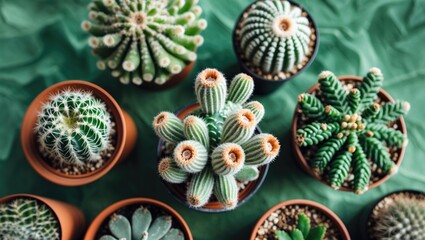 Aufkleber - Top view of assorted potted cacti on green textured background featuring various shapes and colors of cacti in brown pots, natural aesthetic.