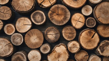 Fototapete - Close-up top view of circular wooden logs with natural texture and varying shades of brown arranged in a seamless pattern on a dark background.