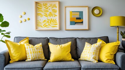 Aufkleber - Cozy gray sofa with bright yellow cushions and decorative wall art featuring yellow leaves and colorful geometric patterns in a modern living space.