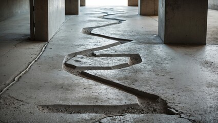 Aufkleber - Cement walkway featuring a zigzag design on a rough surface inside a building with grey tones and prominent structural columns along the sides.