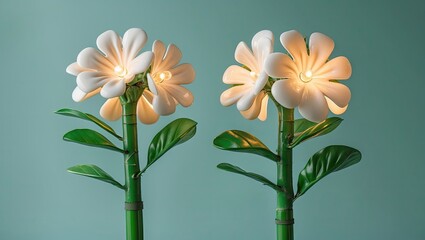 Leinwandbilder - White flower-shaped lamps glowing softly on green bamboo canes against a pastel green background with ample space for text or design elements.
