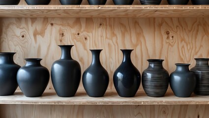 Aufkleber - Elegant black vases of various shapes lined on a warm plywood shelf creating a minimalist aesthetic with natural wood tones and smooth surfaces.