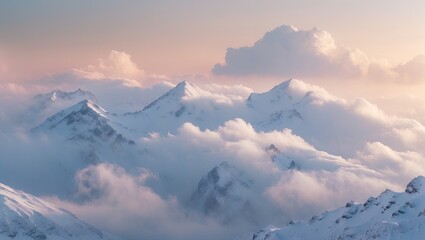 Poster - Majestic snowy mountain peaks partially enveloped in soft clouds against a serene pastel sky with hues of pink and blue at dawn.