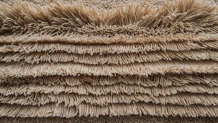 Poster - Beige shaggy carpet texture with layered fringes displaying warm neutral tones in closeup, emphasizing softness and depth in textile design.