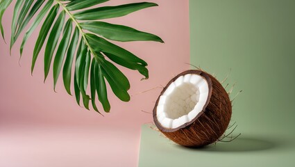 Aufkleber - Coconut half on pastel green and pink backdrop with green palm leaf positioned top left creating a tropical and fresh atmosphere.