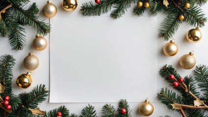 Poster - Gold ornaments and red berries surrounded by green pine branches frame a blank white paper on a light background for holiday or winter themes.