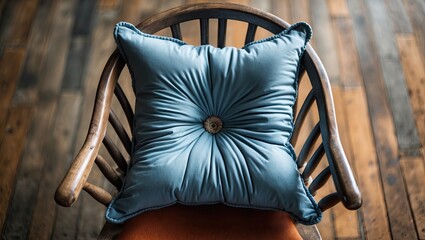 Poster - Blue tufted cushion placed at the center of a rustic wooden chair viewed from above with blurred background highlighting the textures.