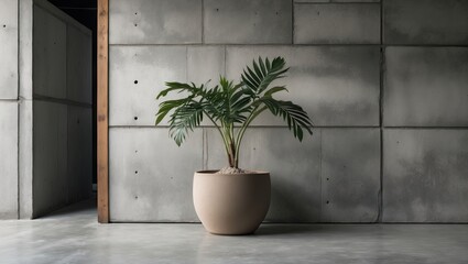 Leinwandbilder - Contemporary photography studio with concrete walls and flooring, featuring a large potted plant with green leaves positioned centrally.