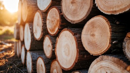 Leinwandbilder - Close-up view of wooden logs stacked, showcasing their circular textures, warm brown hues illuminated by bright morning sunlight.