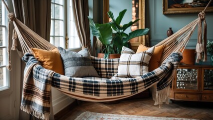 Poster - Chic interior with a cozy hammock draped with plaid and pillows in earthy tones positioned beside a lush green plant and elegant decor elements.