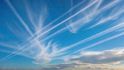 Poster - Blue sky with wispy white clouds and prominent contrails forming intricate patterns in the atmosphere, creating a serene and dynamic landscape.