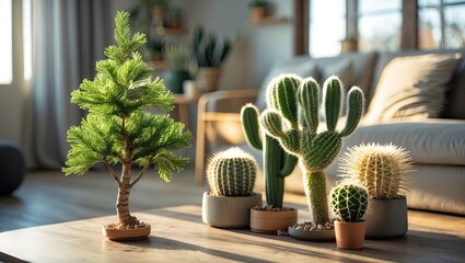 Aufkleber - Close-up of a small green tree and various cacti in elegant pots on a wooden table in a bright living room with natural light and soft furnishings