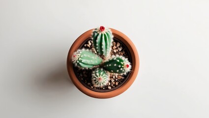 Aufkleber - Green cactus trio in a clay pot viewed from above on a minimalist white background with red flower accents and earthy soil textures.