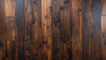 Poster - Dark brown wood grain texture showcasing intricate patterns and knots, ideal for rustic backdrops, centered composition with a warm tone.