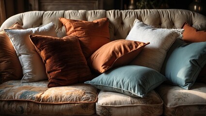 Aufkleber - Cozy couch adorned with a mix of earthy orange, soft teal, and elegant cream cushions arranged in a delightful, inviting manner.