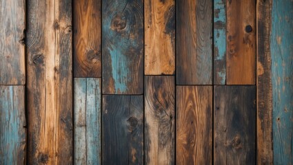 Poster - Textured wooden panel background featuring a mix of brown, blue, and gray hues arranged in a staggered pattern for vintage decorative use.