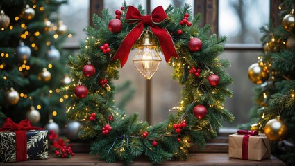 Aufkleber - Festive Christmas wreath with red ornaments and bow, lit pendant in center, surrounded by Christmas trees, gifts, and glowing lights.