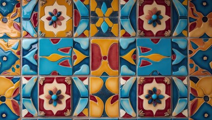 Aufkleber - Vibrant ceramic tile design featuring intricate patterns in blue, yellow, red, and white arranged in a symmetrical layout for home interiors.