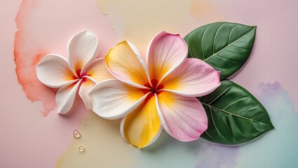 Aufkleber - Colorful Plumeria flowers in soft pink and pastel backdrop with green leaves positioned on the left; delicate water droplets enhance the serene vibe.