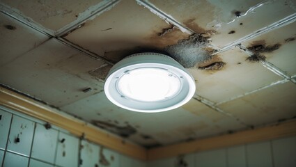 Fototapete - Ceiling light fixture illuminating a dirty ceiling with stained tiles; mold and discoloration around the light in muted earthy tones.