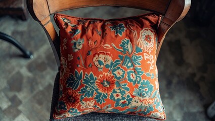 Aufkleber - Ornate orange floral cushion centered on a wooden chair with rich brown tones, soft texture, and a blurred background enhancing depth.