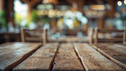 Poster - Close-up of a rustic wooden table in warm brown tones, with a softly blurred green and beige background highlighting an inviting atmosphere.