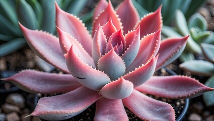 Aufkleber - Vibrant pink blush aloe succulent with sharp edges centered over a dark soil in a black pot surrounded by green plants in soft focus background.