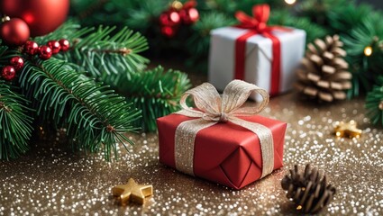 Poster - Christmas gifts wrapped in red and white with ribbons surrounded by pine cones and evergreen branches on a sparkling gold glitter background