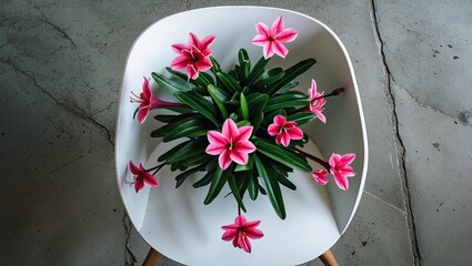 Leinwandbilder - Pink cyclamen flowers with green leaves arranged on a white chair, viewed from above on a light concrete floor with ample copy space.