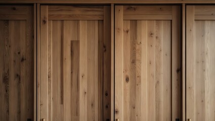 Poster - Close-up view of three wooden wardrobe doors displaying rich wood textures and patterns in natural hues of brown, arranged vertically and tightly together.
