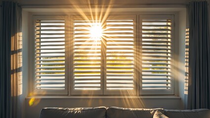 Fototapete - Bright sunlight streaming through closed jalousie blinds in a cozy living room, sun rays creating a warm glow, with empty space for copy.