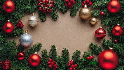 Aufkleber - Christmas ornament flat lay with red and gold baubles on evergreen branches arranged in a circular frame surrounding a blank brown background.