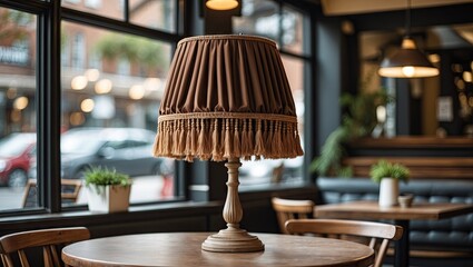 Aufkleber - Rustic brown lampshade with tassels centered on a wooden table in a cozy cafe setting with large windows and green plants in the background.