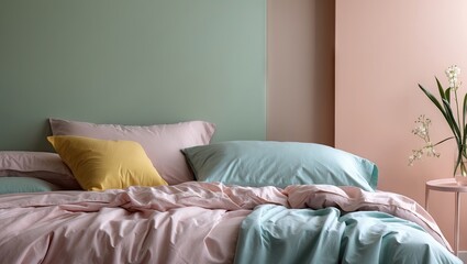 Poster - Pastel bedding sheets in mint green and soft pink hues arranged casually on a bed with a floral vase against a complementary pastel background