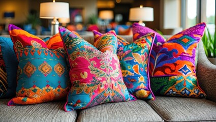 Aufkleber - Vibrant decorative pillows in hues of pink, blue, and orange arranged on a cozy sofa in a well-lit lobby space with soft ambiance.