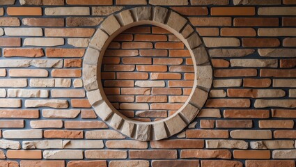 Poster - Circular stone frame on rustic brick wall with warm earthy tones showcasing textured bricks and natural variations in color and pattern.