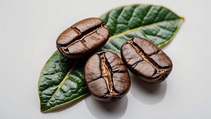 Poster - Close-up of three dark brown coffee beans arranged on two green leaves, isolated on a clean white background, showcasing texture and detail.