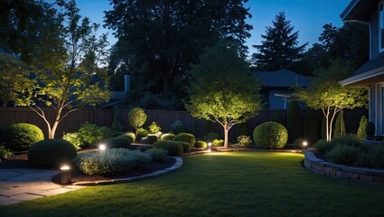 Poster - Serene nighttime garden landscape with illuminated trees and landscaped shrubs under a dark blue sky, creating a peaceful outdoor retreat.