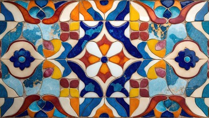Aufkleber - Vibrant decorative tile pattern featuring blues, oranges, yellows, and reds arranged symmetrically for elegant marble wall and floor design.