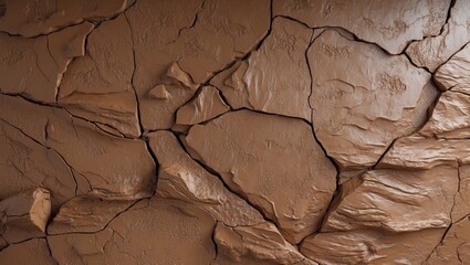 Poster - Brown clay wall with rich textures showing deep cracks and imperfections, positioned centrally with a warm earthy tone, ideal for modern interior design.