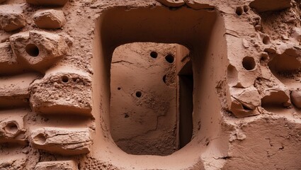 Poster - Textured clay wall with a rectangular opening showcasing natural imperfections and earthy tones, framed by rugged clay structures.