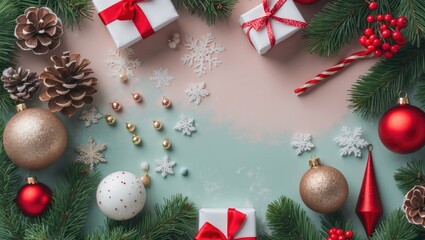 Aufkleber - Festive Christmas flat lay featuring gold and red ornaments, pine cones, gifts with red ribbons, and a pastel background with snowflakes.