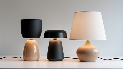 Aufkleber - Modern table lamps in various shapes and colors on a neutral background featuring black, white, and beige tones arranged symmetrically.
